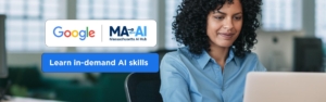 AI Google Certificate logo and a picture of a woman at a laptop